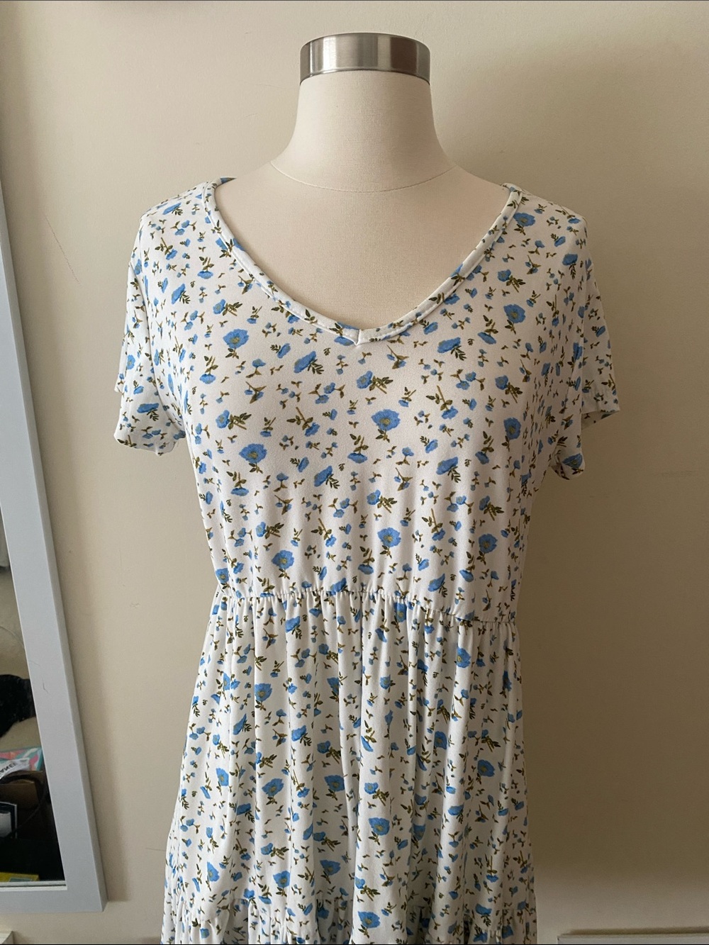 Light Blue Floral Ruffle Short Sleeve Dress